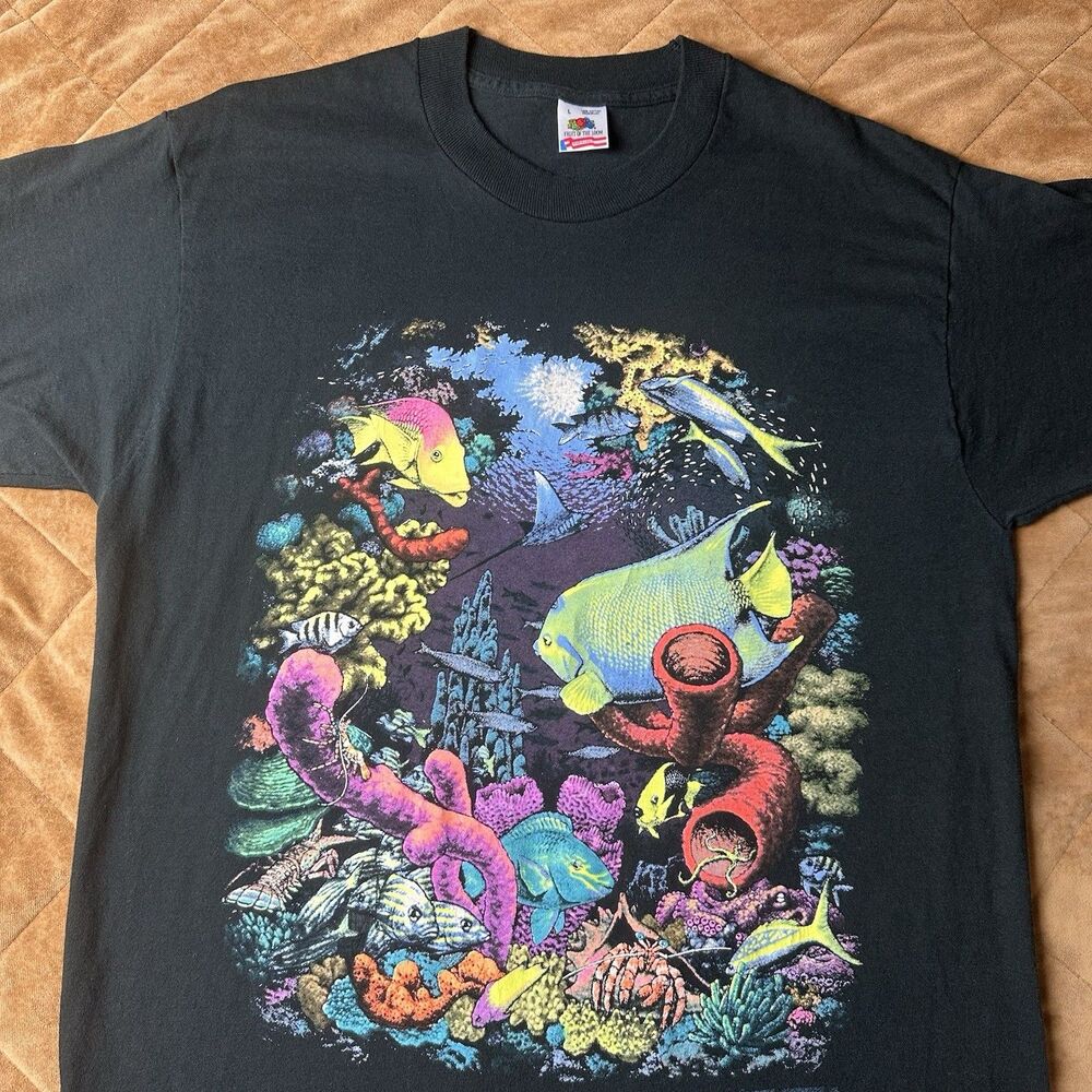 Vintage Ocean Coral Reef Fish Nature T-Shirt Single Stitch Mens XL Fit Large Tag